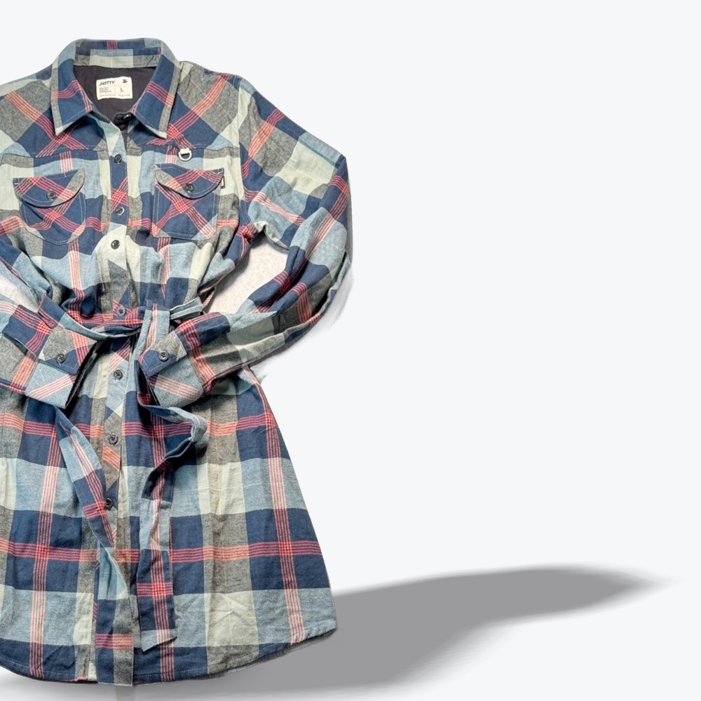 Jetty Marine Supply Co Flannel Button Down Shirt Dress Blue Plaid Womens Large